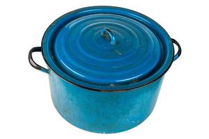 old large enameled blue pot with cover isolated on white background photo