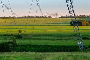 huge power line towers on field at summer evening photo