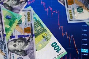 dollar and euro banknotes over digital screen with exchange chart, USD EUR parity concept photo