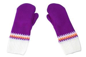 purple and white knited mittens isolated on white background photo