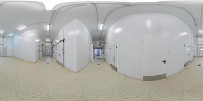 Seamless full spherical 360 degree panorama in equirectangular projection of clean white industrial building corridor photo