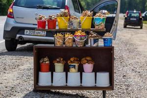 TULA, RUSSIA JULY 21, 2019 roadside mushroom sale with selective focus and blurry cars background photo