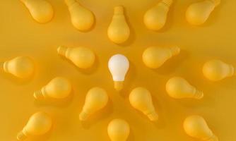 bombilla de luz destacándose entre la multitud sobre fondo amarillo. concepto de ideas y creatividad. representación 3d foto