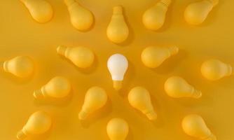 Light Bulb Standing Out From the Crowd on yellow background. ideas and creativity concept. 3d rendering. photo