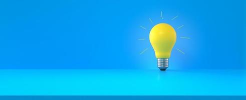 Light bulb with handmade gloss lines on blue background. Panoramic composition with copy space. Creativity, innovation concept. 3d rendering. photo