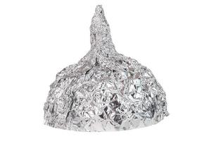 Aluminium foil hat isolated on white background, symbol for conspiracy theory and mind control protection. photo