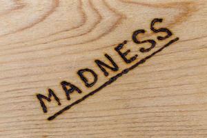 the word madness handwritten with woodburner on flat plywood surface in flat lay directly above view with diagonal composition photo