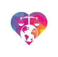 Law and globe heart shape concept logo design template. Scales and world symbol or icon. vector