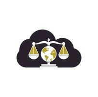 Globe law cloud shape concept logo vector icon. Scales on globe icon design.