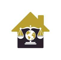 Globe law home shape concept logo vector icon. Scales on globe icon design.