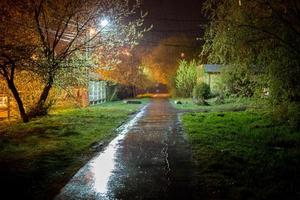 summer night russian suburbs lane at rainy night with defocused shallow depth of fiels technique photo