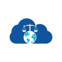 Law and globe cloud shape concept logo design template. Scales and world symbol or icon. vector