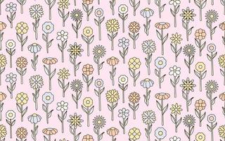 groovy background. Seamless bright repeat pattern of simple blooming flowers in 1970s psychedelic hippie style. graphic decor ornament in retro design. vector illustration