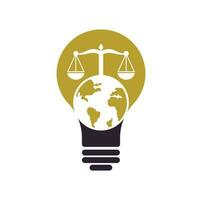 Law and globe bulb shape concept logo design template. Scales and world symbol or icon. vector