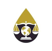 Globe law drop shape concept logo vector icon. Scales on globe icon design.