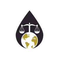Law and globe drop shape concept logo design template. Scales and world symbol or icon. vector