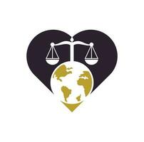 Law and globe heart shape concept logo design template. Scales and world symbol or icon. vector