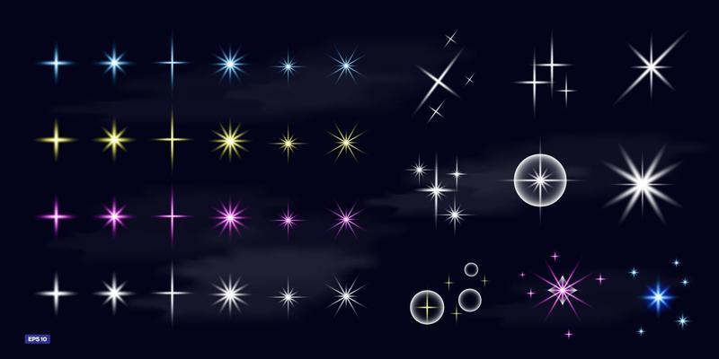 Set of sparkling stars on sky blue background