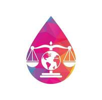 Globe law drop shape concept logo vector icon. Scales on globe icon design.
