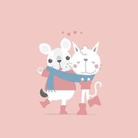 lindo y encantador gato y perro dibujados a mano, feliz día de san valentín, diseño de vestuario de personaje de dibujos animados de ilustración vectorial plana vector