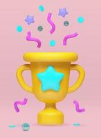 Vector 3d realistic illustration, reward, yellow cartoon goblet with a star and tinsel and confetti flying out of it