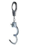 real zinc plated steel police handcuffs half-opened with key hanging vertically, isolated on white background photo