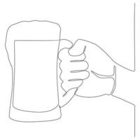 manos sosteniendo un vaso de cerveza dibujo de línea continua vector