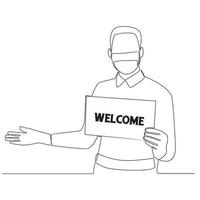 Waitress Holding Welcome Sign Continuous Line Drawing vector