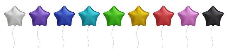 3d shiny colorful star, glossy helium air balloon set isolated on transparent background. Vector realistic gold, silver, white, golden colorful and black festive. Template for anniversary, birthday