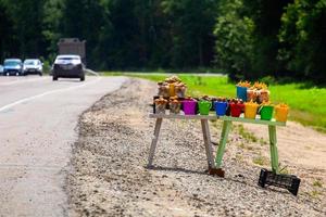 roadside mushroom sale with selective focus and blurry forest background photo