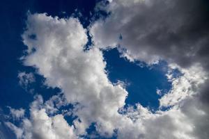 Regular spring clouds on blue sky at daylight in continental europe. Close shot with wide angle lens without filter. photo