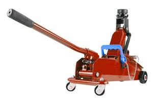 red hydraulic car jack isolated on white background, rised up photo