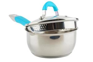 small shiny stainless steel pot with cyan handle and glass lid - isolated on white photo