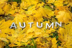 The word AUTUMN laid with gray letters on the ground with maple leaves photo