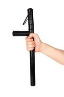 bare hand with black rubber police baton isolated on white background photo