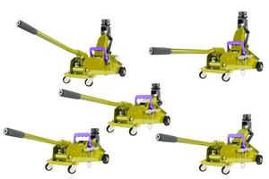 set of isolated yellow hydraulic car jacks on white background raised in different heights photo