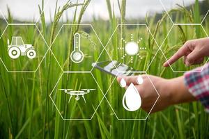 agricultor de tecnología agrícola que tiene tableta digital o tecnología de tableta para investigar sobre datos de análisis de problemas agrícolas e icono visual. granjero agrícola inteligente que usa internet de las cosas foto