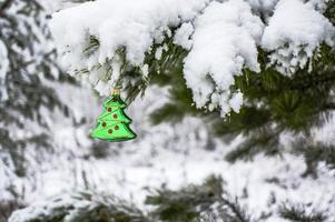 Christmas background with a Christmas toy on a snowy pine branch with a copy space photo