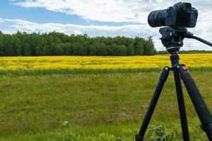 cámara sin espejo profesional moderna en trípode disparando campo amarillo en trípode, primer plano foto