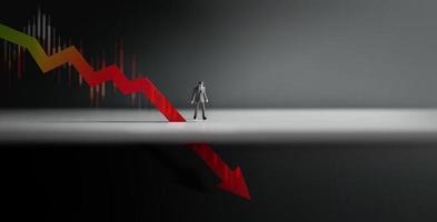 Recession, Inflation and Depression Concepts. Economic Crisis. Graph Fall Down, Business Collapse. a Miniature Figure of Businessman Looking at a Red Graph Arrow Down photo