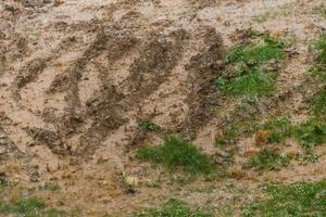 granizo de hielo blanco que cae en un camino de tierra húmedo - primer plano foto