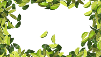 marco de fotos disperso de hojas de lima y menta, renderizado 3d aislado de limón y menta png