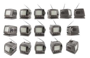 set of old 5.5 inch protable analog crt tv unit isolated on white in different views photo