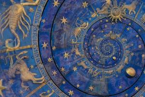 Astrological background with zodiac signs and symbol. photo