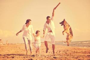 happy family playing with dog on beach photo