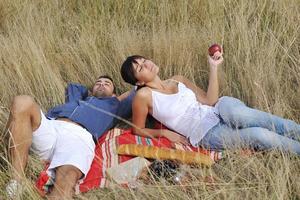 pareja feliz disfrutando de un picnic en el campo en hierba larga foto