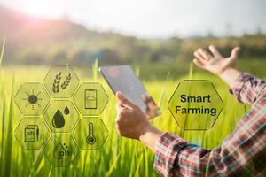 Agriculture technology farmer holding digital tablet or tablet technology to research about agriculture problems analysis data and visual icon. smart agriculture farmer using internet of things photo