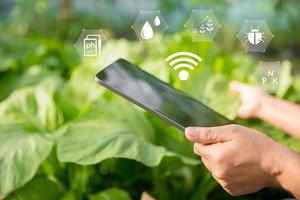 agricultor de tecnología agrícola que tiene tableta digital o tecnología de tableta para investigar sobre datos de análisis de problemas agrícolas e icono visual. granjero agrícola inteligente que usa internet de las cosas foto