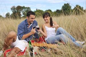 pareja feliz disfrutando de un picnic en el campo en hierba larga foto