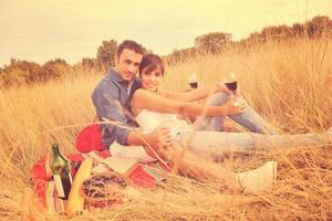 pareja feliz disfrutando de un picnic en el campo en hierba larga foto